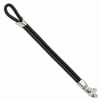 Stainless Steel Polished CZ Cross Leather Bracelet