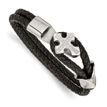 Stainless Steel Polished CZ Cross Leather Bracelet