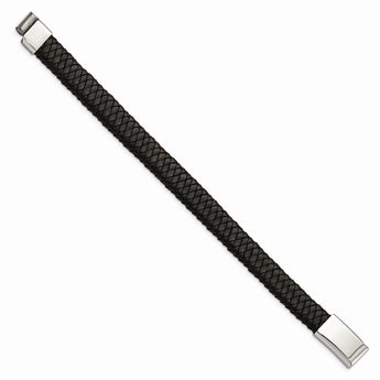 Stainless Steel Polished Black Woven Leather Bracelet