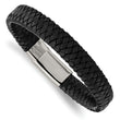 Stainless Steel Polished Black Woven Leather Bracelet