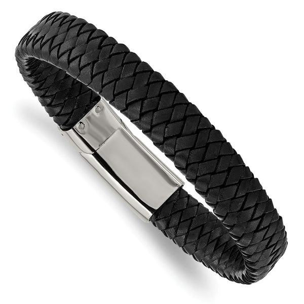 Stainless Steel Polished Black Woven Leather Bracelet
