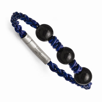 Stainless Steel Black Agate Bead and Blue Braided Leather Bracelet