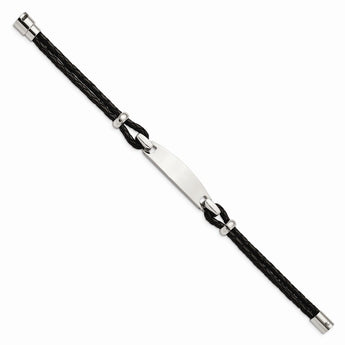 Stainless Steel Polished ID and Black Woven Leather Bracelet
