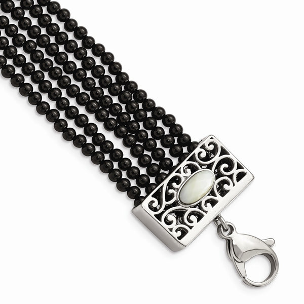 Stainless Steel Polished MOP/Black Onyx w/1.50in ext Bracelet