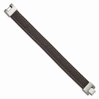 Stainless Steel Polished Brown Leather Bracelet