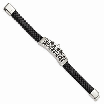 Stainless Steel Antiqued Fleur de Lis Black Leather Bracelet