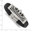 Stainless Steel Antiqued Fleur de Lis Black Leather Bracelet