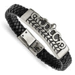 Stainless Steel Antiqued Fleur de Lis Black Leather Bracelet