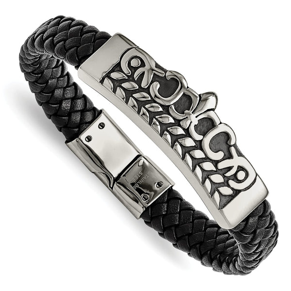 Stainless Steel Antiqued Fleur de Lis Black Leather Bracelet