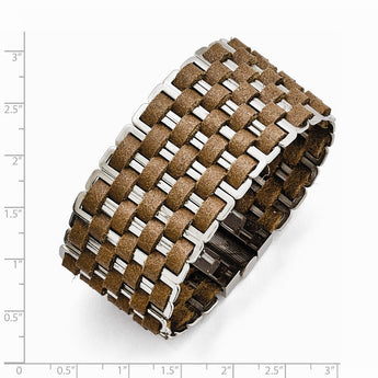 Stainless Steel Polished Woven Brown Leather Bracelet