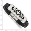 Stainless Steel Antiqued & Polished Fleur de Lis Black Leather Bracelet