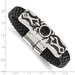 Stainless Steel Antiqued & Polished w/ Blk Onyx Leather Bracelet