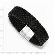 Stainless Steel Polished Woven Black Leather Bracelet
