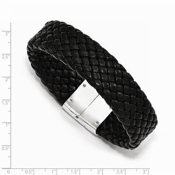 Stainless Steel Polished Woven Black Leather Bracelet