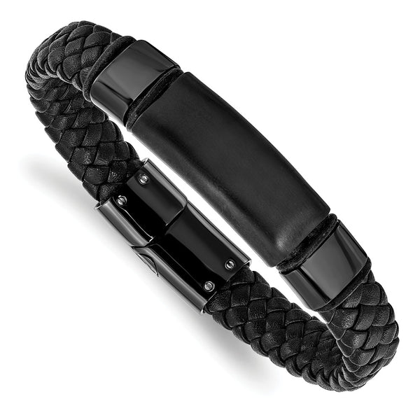 Stainless Steel Brushed & Polished Black IP-plated Braided Leather Bracelet