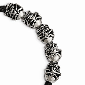 Stainless Steel Polished Antiqued Leather Skull Bracelet