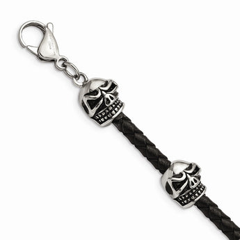 Stainless Steel Polished Antiqued Leather Skull Bracelet