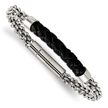 Stainless Steel Polished w/Braided Leather 8.75in Bracelet