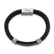 Stainless Steel Polished Black IP-plated with Black Leather 8.5in Bracelet