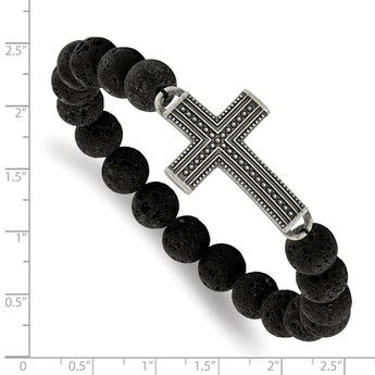 Stainless Steel Antiqued GunMetal IP w/Lava Stone Cross Stretch Bracelet