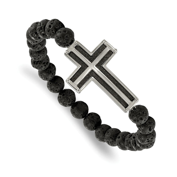 Stainless Steel Polished Black IP Laser cut Lava Stone Stretch Bracelet