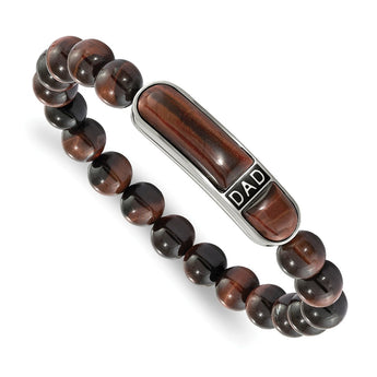 Stainless Steel Polished Enameled Tiger's Eye Beaded DAD Stretch Bracelet