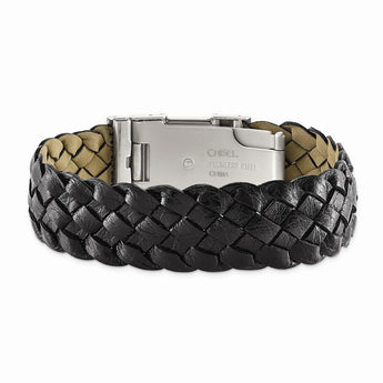 Stainless Steel Polished Black Leather Buckle Bracelet