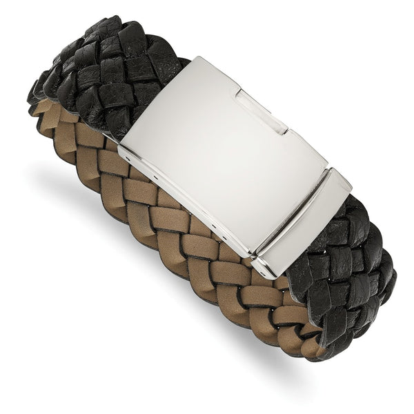 Stainless Steel Polished Black Leather Buckle Bracelet