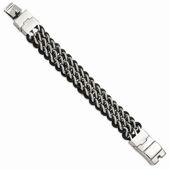 Stainless Steel Polished Black Leather Bracelet