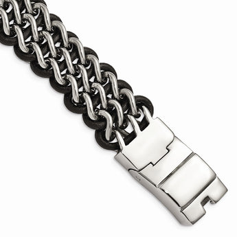 Stainless Steel Polished Black Leather Bracelet