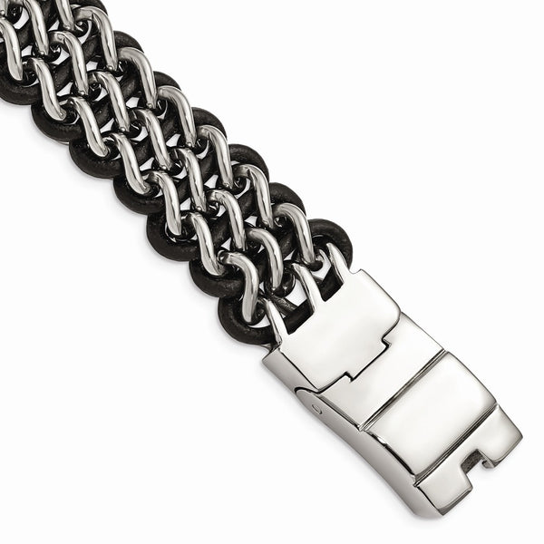Stainless Steel Polished Black Leather Bracelet