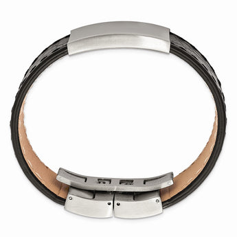 Stainless Steel Brushed Black Leather ID Bracelet