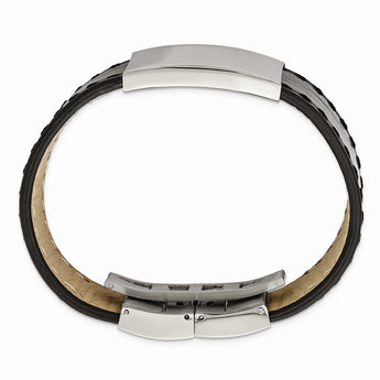 Stainless Steel Polished Black Leather ID Bracelet