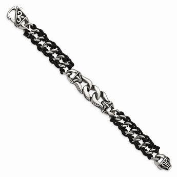 Stainless Steel Polished Antiqued Black Leather Bracelet
