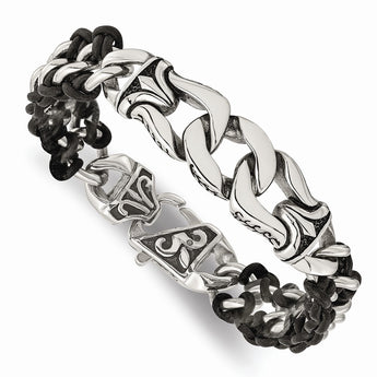 Stainless Steel Polished Antiqued Black Leather Bracelet