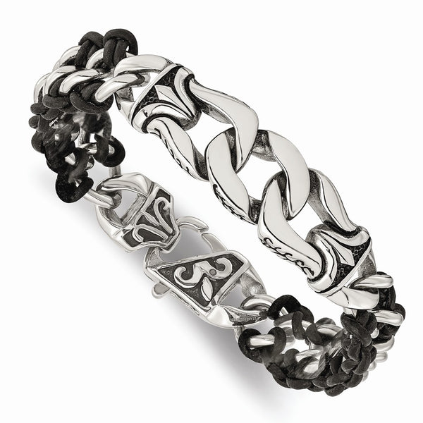 Stainless Steel Polished Antiqued Black Leather Bracelet
