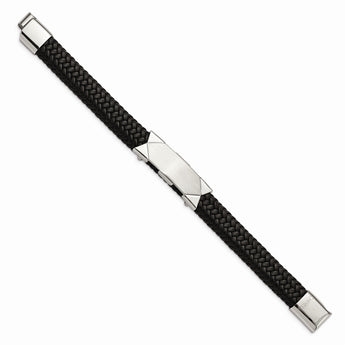 Stainless Steel Brushed and Polished Black Leather 8.5in ID Bracelet