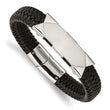 Stainless Steel Brushed and Polished Black Leather 8.5in ID Bracelet