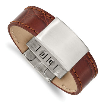 Stainless Steel Brushed Medium Brown Leather ID Bracelet