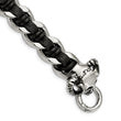 Stainless Steel Polished Blk Leather Antiqued Skull Bracelet