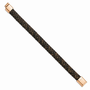 Stainless Steel Polished Rose IP Braided Brown Leather Bracelet