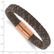 Stainless Steel Polished Rose IP Braided Brown Leather Bracelet