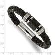 Stainless Steel Brushed/Polished Blk Leather Blk Rubber Bracelet