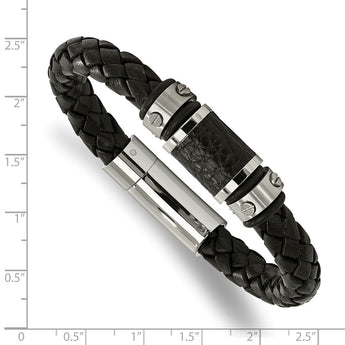 Stainless Steel Brushed/Polished Blk Leather Blk Rubber Bracelet