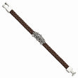 Stainless Steel Polished Antiqued Brown Leather Filigree Bracelet