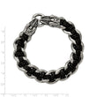 Stainless Steel Polished Blk Leather Antiqued Dragon Head Bracelet