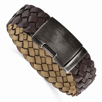 Stainless Steel Antiqued and Brushed Brown Braided Leather 9in Bracelet