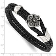 Stainless Steel Polished Black IP Braided Black Leather CZ Bracelet