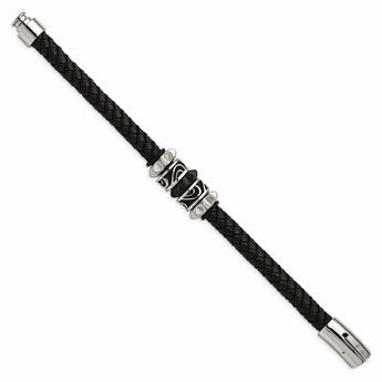 Stainless Steel Brushed/Polished Antiqued Blk IP Blk Leather Bracelet