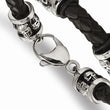 Stainless Steel Polished Antiqued Skull Black Braided Leather Bracelet
